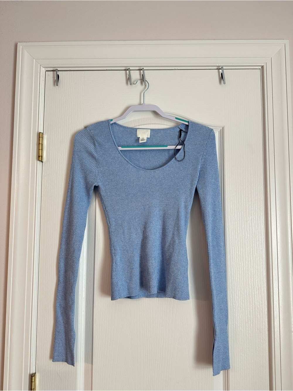 H&M Light Blue Ribbed Scoop-Neck Long Sleeve Top